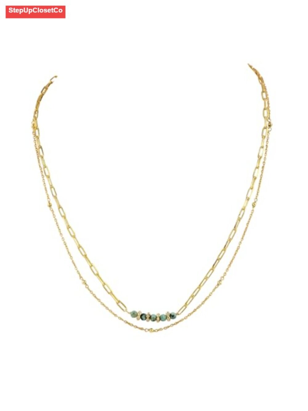 2-Layer Gemstone Beads Choker Necklace 14k Gold Plated Dainty Stackable Women